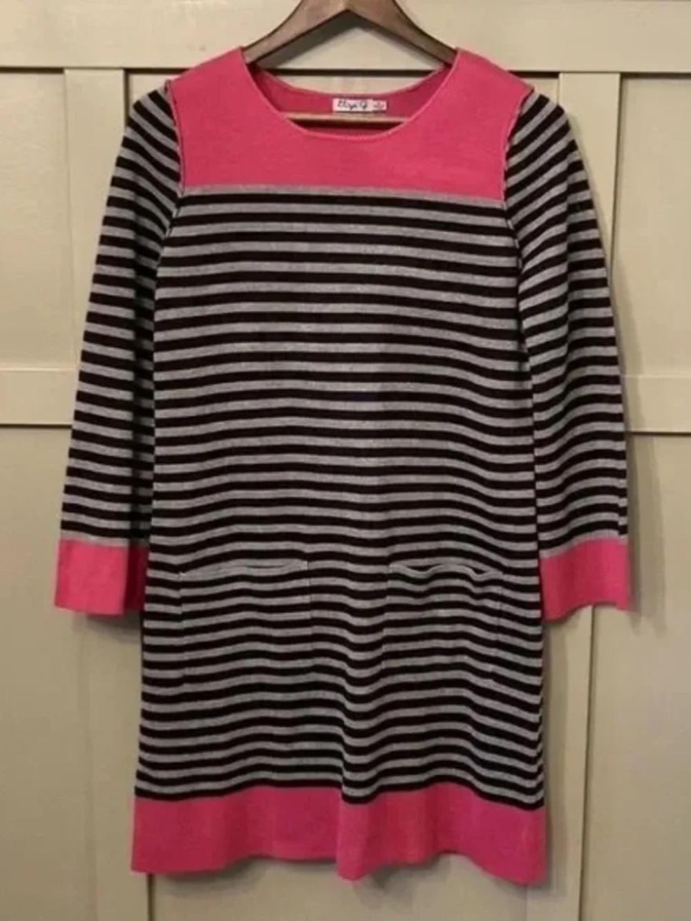 Eliza J Striped Knit Long Sleeve Sweater Dress Pockets Gray Black Size Medium